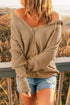 Zipper V-Neck Dropped Sleeve Hooded Solid Sweater